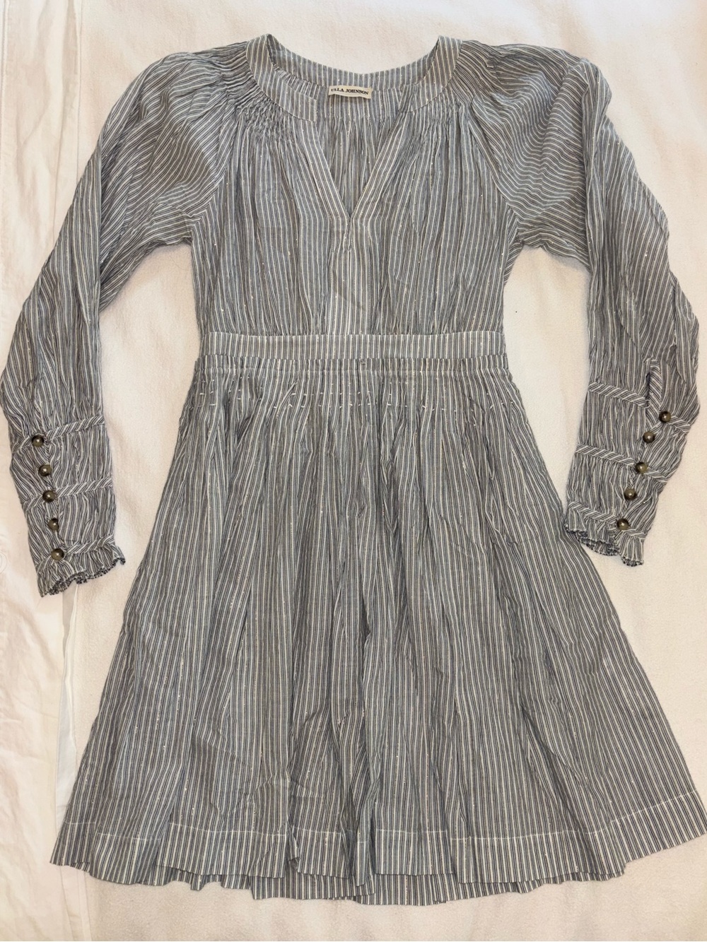 Ulla Johnson Rory Striped Blue Metallic Smocked Mini Long Sleeve Dress